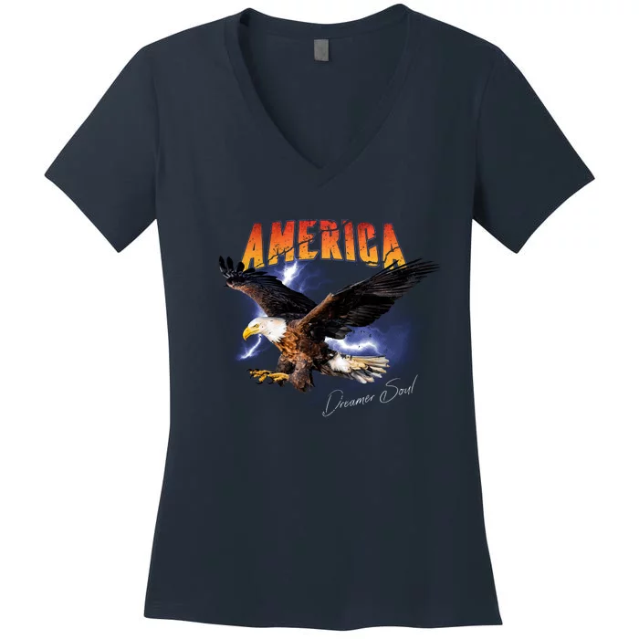 American Dreamer Bald Eagle In Action Women's V-Neck T-Shirt