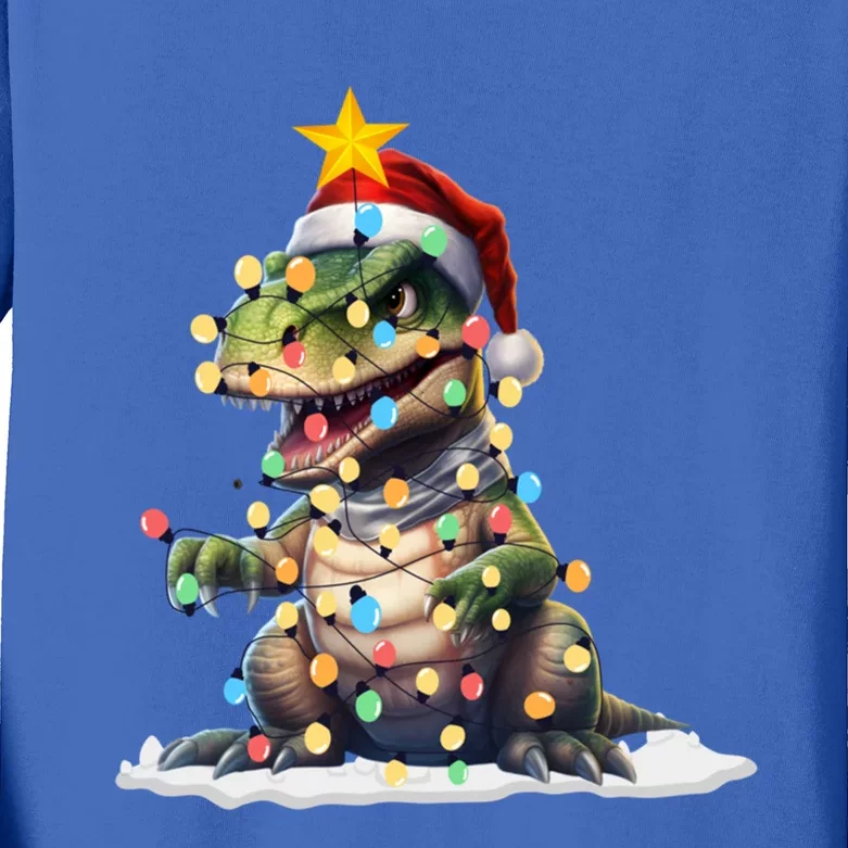 Awesome Dinosaur Christmas Trex Tree Sweater Xmas Lights Gift Kids Long Sleeve Shirt