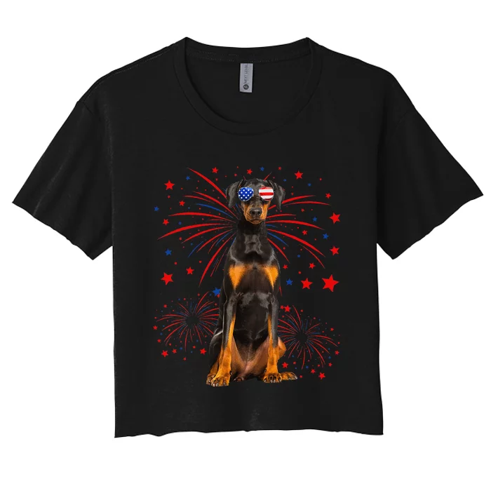 Awesome Doberman Dog American Flag 4th Of July Women's Crop Top Tee