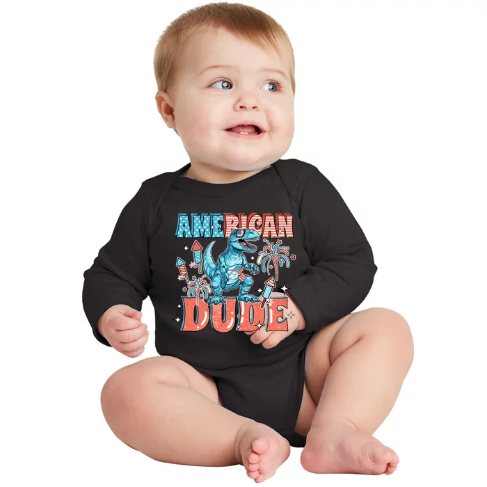 American Dude Dinosaur 4th Of July Independence Day Baby Long Sleeve Bodysuit