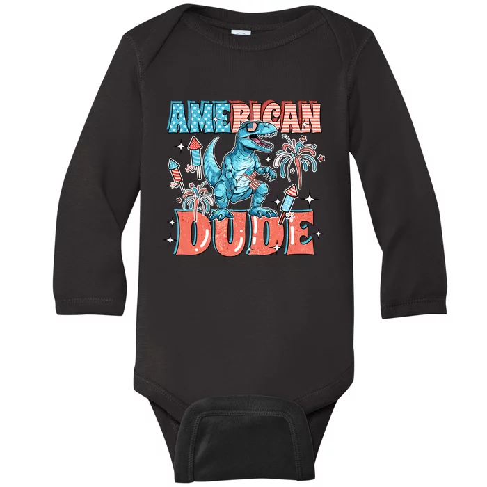 American Dude Dinosaur 4th Of July Independence Day Baby Long Sleeve Bodysuit