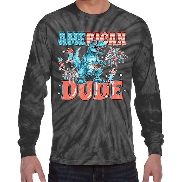 American Dude Dinosaur 4th Of July Independence Day Tie-Dye Long Sleeve Shirt