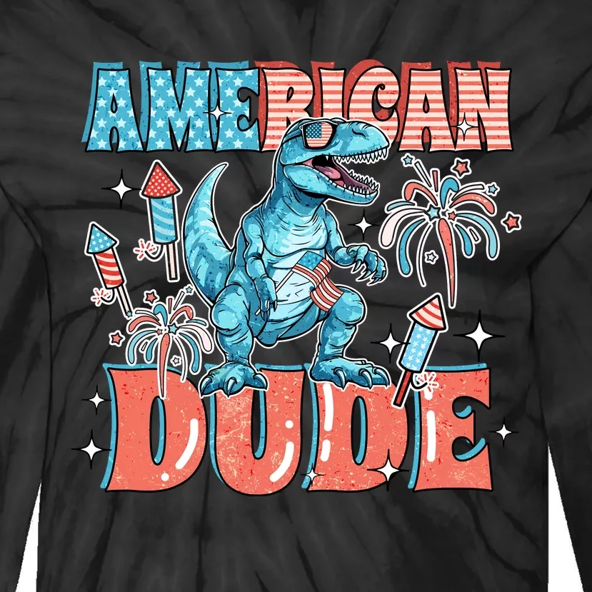 American Dude Dinosaur 4th Of July Independence Day Tie-Dye Long Sleeve Shirt