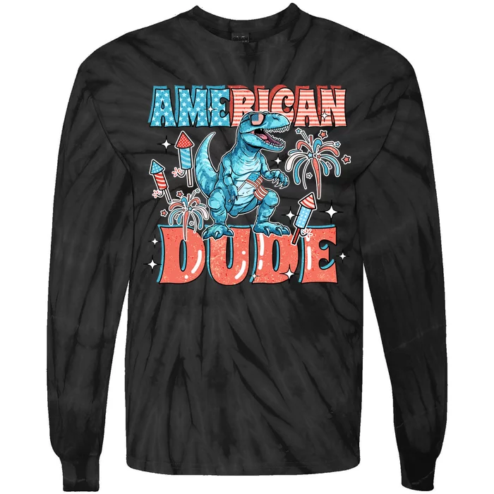 American Dude Dinosaur 4th Of July Independence Day Tie-Dye Long Sleeve Shirt