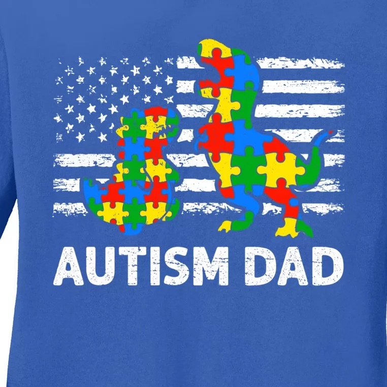 Autism Dad Dinosaur Lovers Usa Flag Rex Autism Awareness Funny Gift Ladies Long Sleeve Shirt