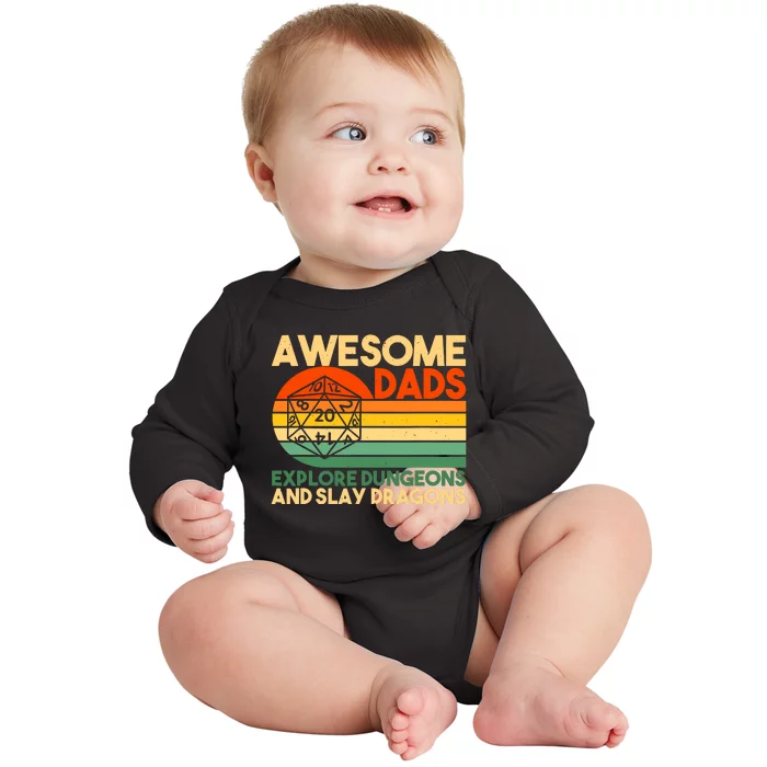 Awesome Dads Explore Dungeon And Slay Dragons Retro Vintage Baby Long Sleeve Bodysuit