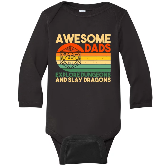 Awesome Dads Explore Dungeon And Slay Dragons Retro Vintage Baby Long Sleeve Bodysuit