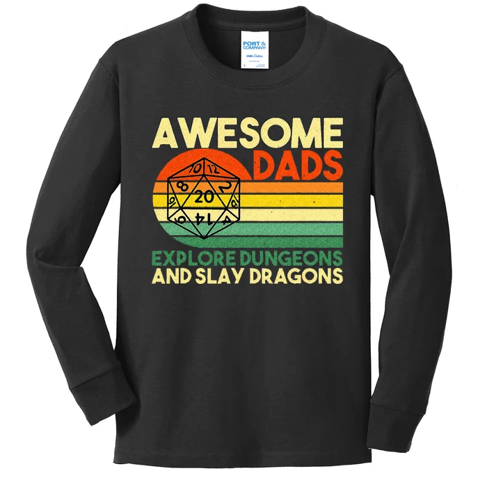 Awesome Dads Explore Dungeons DM RPG Dice Dragon Kids Long Sleeve Shirt