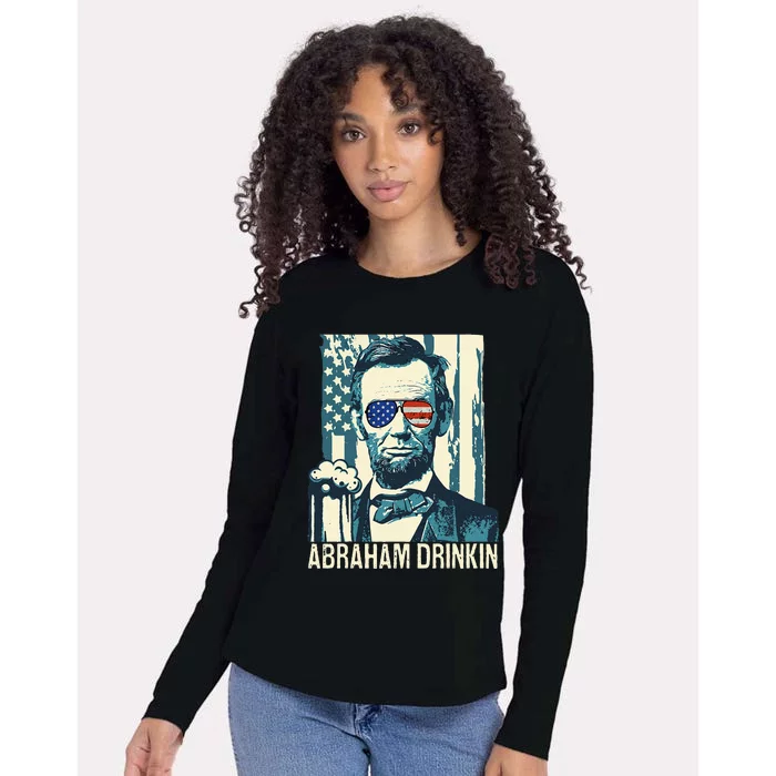 Abraham Drinkin Funny Lincoln 4th of July USA Flag Womens Cotton Relaxed Long Sleeve T-Shirt