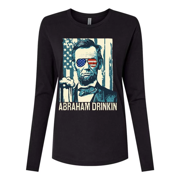 Abraham Drinkin Funny Lincoln 4th of July USA Flag Womens Cotton Relaxed Long Sleeve T-Shirt