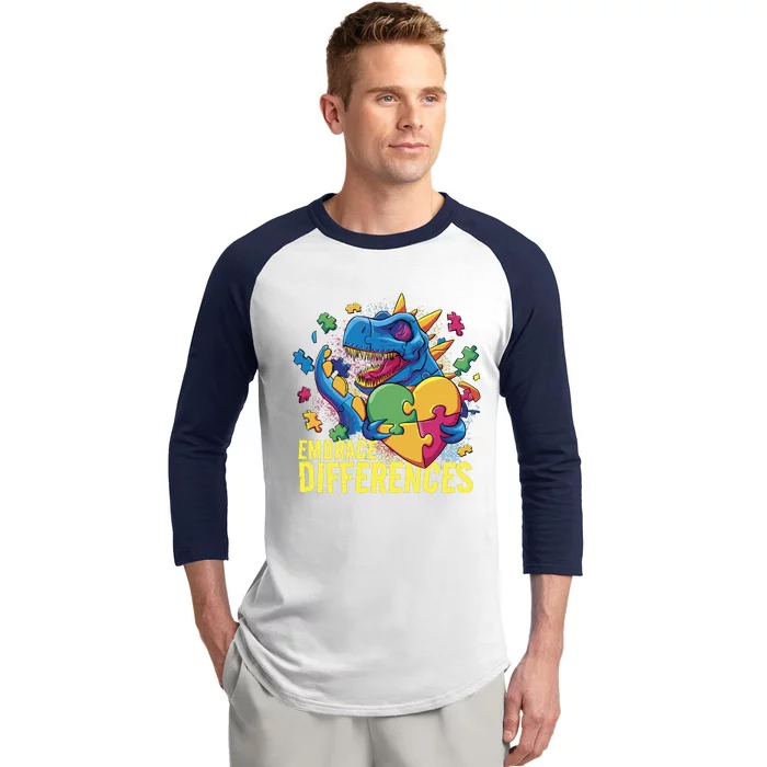 Autism Dinosaur Holding Puzzle Heart Baseball Sleeve Shirt