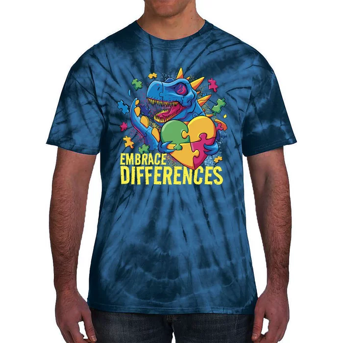 Autism Dinosaur Holding Puzzle Heart Tie-Dye T-Shirt