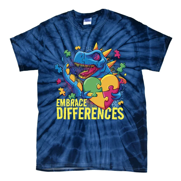 Autism Dinosaur Holding Puzzle Heart Tie-Dye T-Shirt