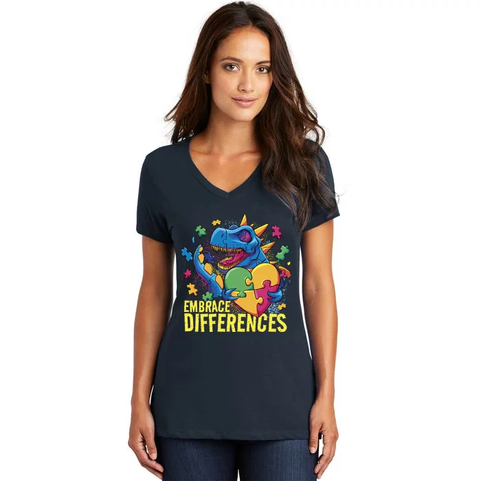 Autism Dinosaur Holding Puzzle Heart Women's V-Neck T-Shirt