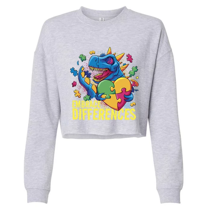 Autism Dinosaur Holding Puzzle Heart Cropped Pullover Crew