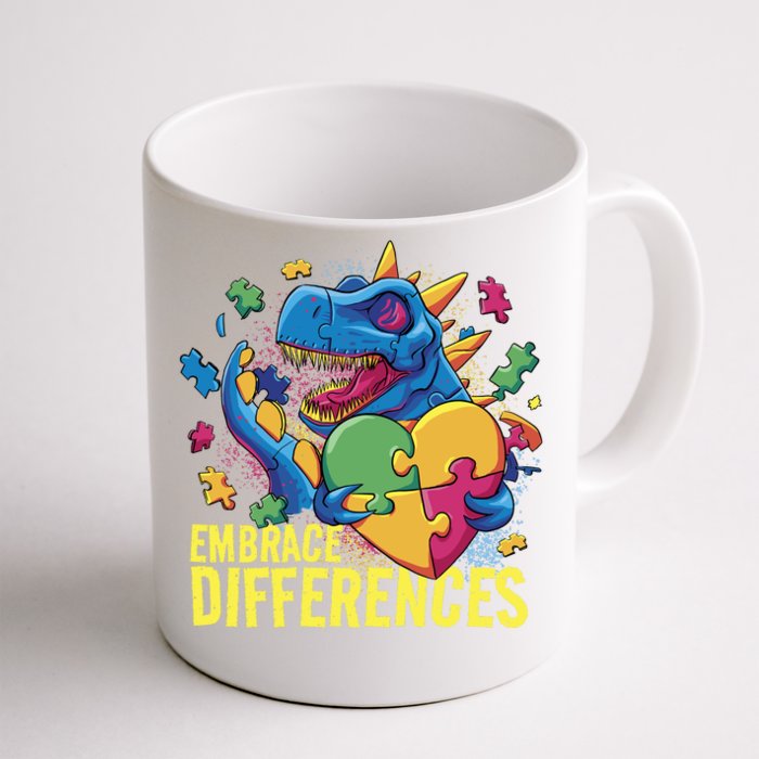 Autism Dinosaur Holding Puzzle Heart Front & Back Coffee Mug