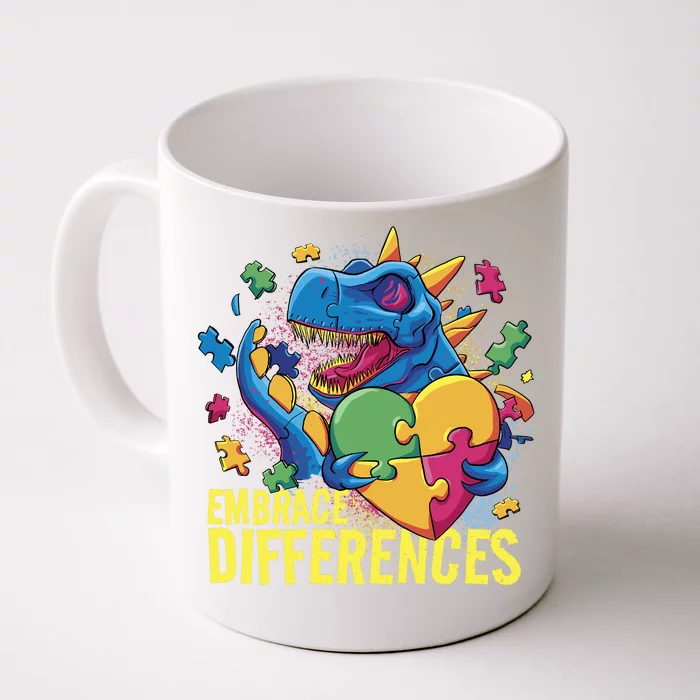 Autism Dinosaur Holding Puzzle Heart Front & Back Coffee Mug