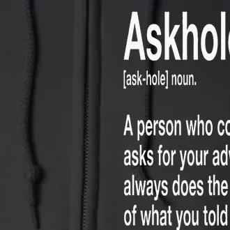 Askhole Definition Hilarious Gag Dictionary Adult Full Zip Hoodie