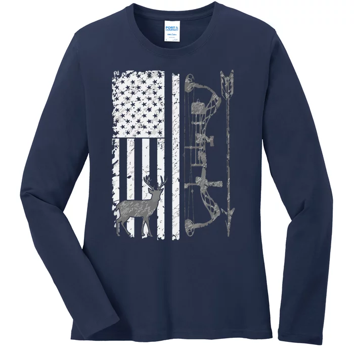 American Deer Hunting Bow Hunter Flag Accessories Hunt Gift Ladies Long Sleeve Shirt