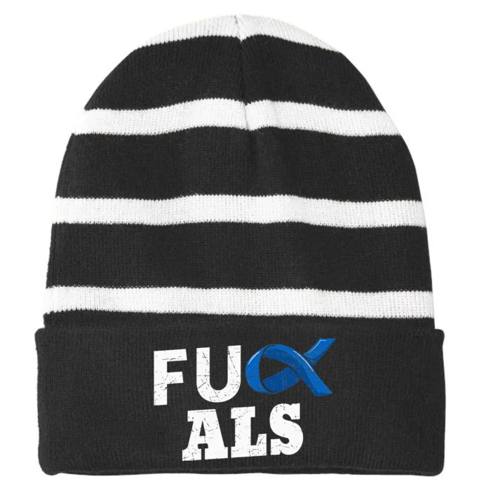 ALS Disease Lou Gehrig's Blue Ribbon Neurological Disorders Striped Beanie with Solid Band