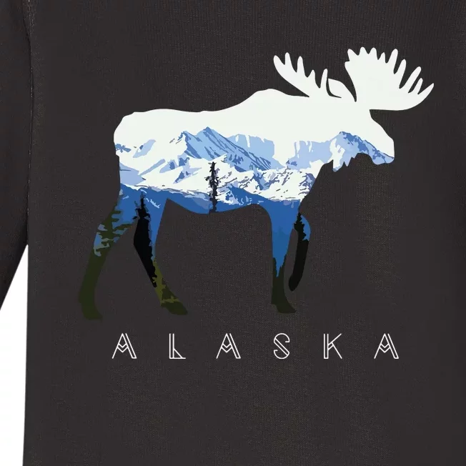 Alaska Day Moose Snowy Mountain Baby Long Sleeve Bodysuit