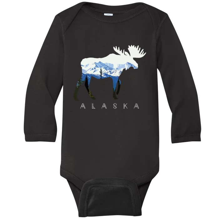 Alaska Day Moose Snowy Mountain Baby Long Sleeve Bodysuit