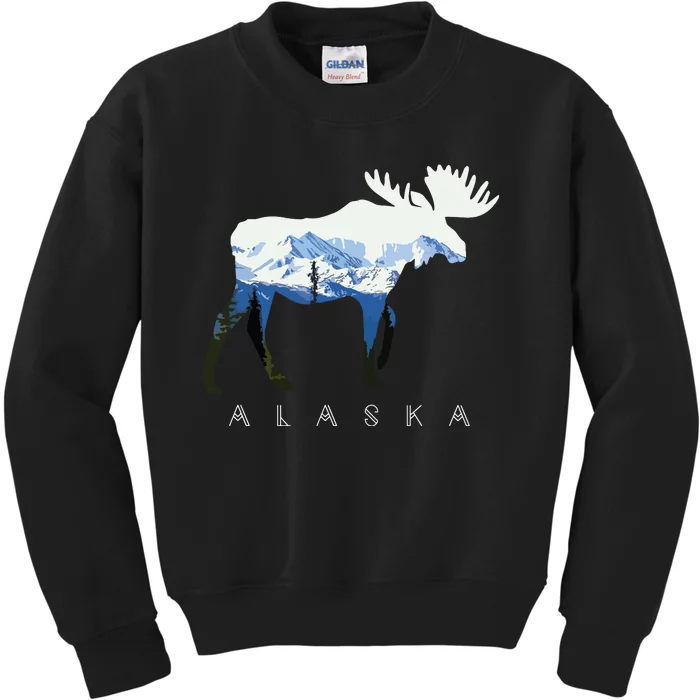 Alaska Day Moose Snowy Mountain Kids Sweatshirt