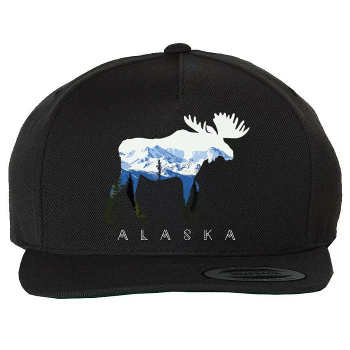 Alaska Day Moose Snowy Mountain Wool Snapback Cap