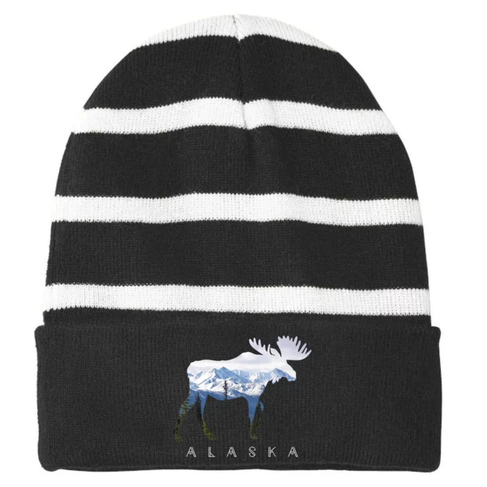 Alaska Day Moose Snowy Mountain Cute Gift Alaskan Tourist Gift Striped Beanie with Solid Band