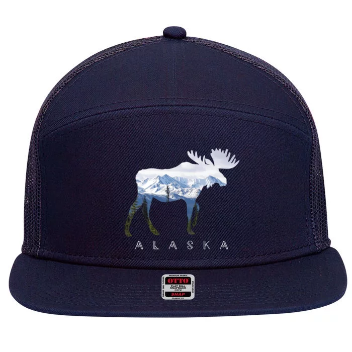 Alaska Day Moose Snowy Mountain Alaskan Tourist Or Resident Gift 7 Panel Mesh Trucker Snapback Hat