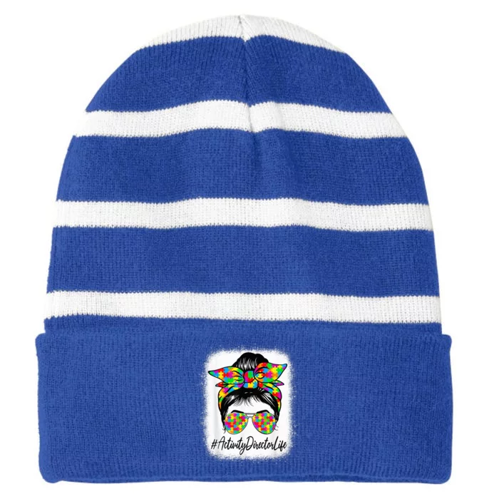 Activity Director Messy Bun Supporting Autism Awareness Striped Beanie with Solid Band