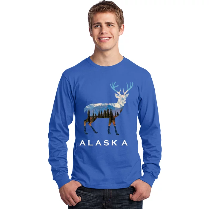 Alaska Day Moose Snowy Mountain Cute Gift Alaskan Tourist Gift Long Sleeve Shirt