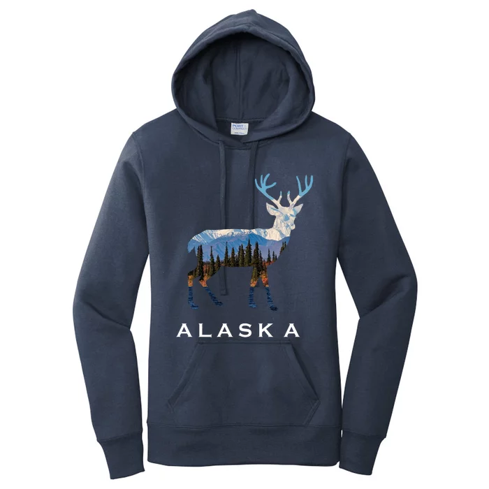 Alaska Day Moose Snowy Mountain Cute Gift Alaskan Tourist Gift Women's Pullover Hoodie