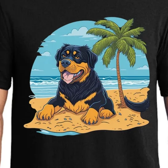 A Dog Sitting On A Beach Next To A Palm Tree Pajama Set