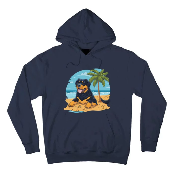 A Dog Sitting On A Beach Next To A Palm Tree Tall Hoodie