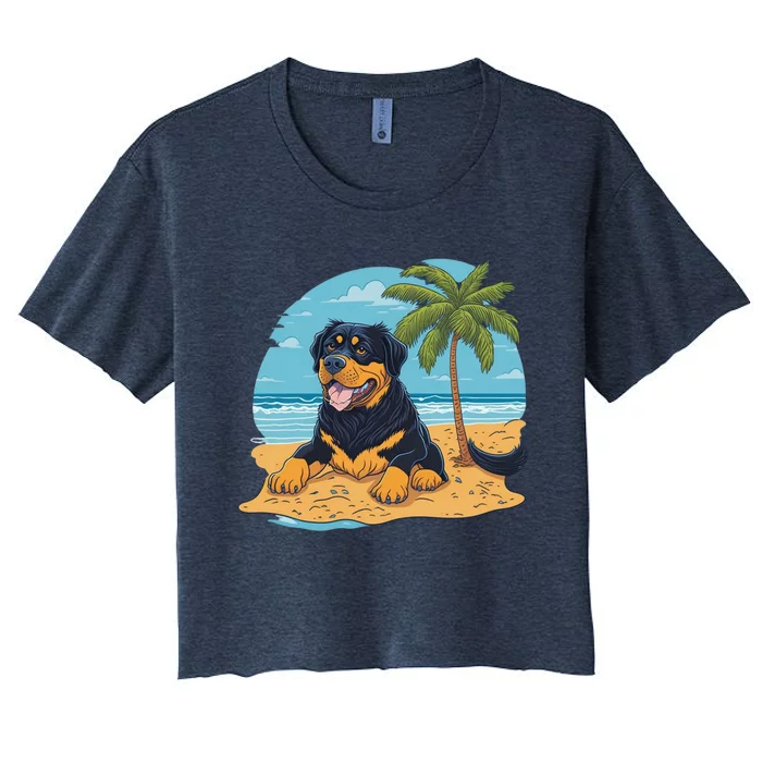 A Dog Sitting On A Beach Next To A Palm Tree Women's Crop Top Tee