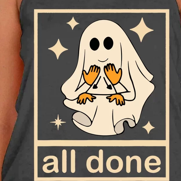 All Done Sign Language Speech Pathology Ghost Fall Halloween Women's Knotted Racerback Tank