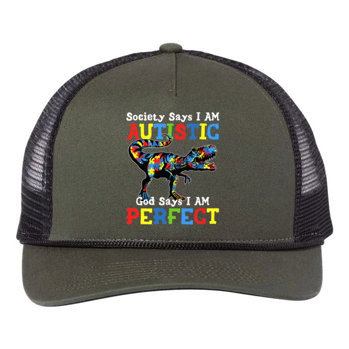 Autism Dinosaur Society Say Im Autistic God Says I'm Perfect Retro Rope Trucker Hat Cap