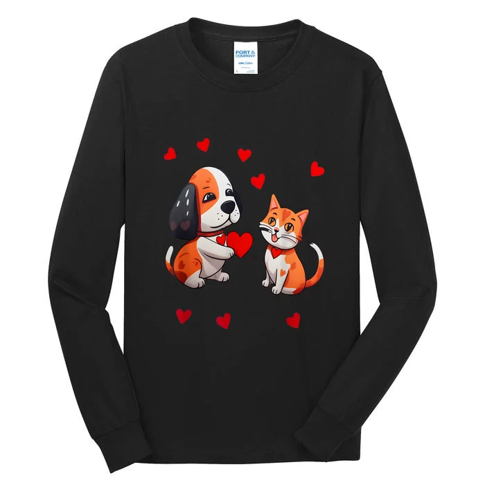 A Dog That Offers A Red Heart For Me A Cat On A Valentine Tall Long Sleeve T-Shirt