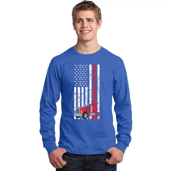 American Diesel Truck Flag Usa Flag Gift Proud American Trucker Gift Tall Long Sleeve T-Shirt