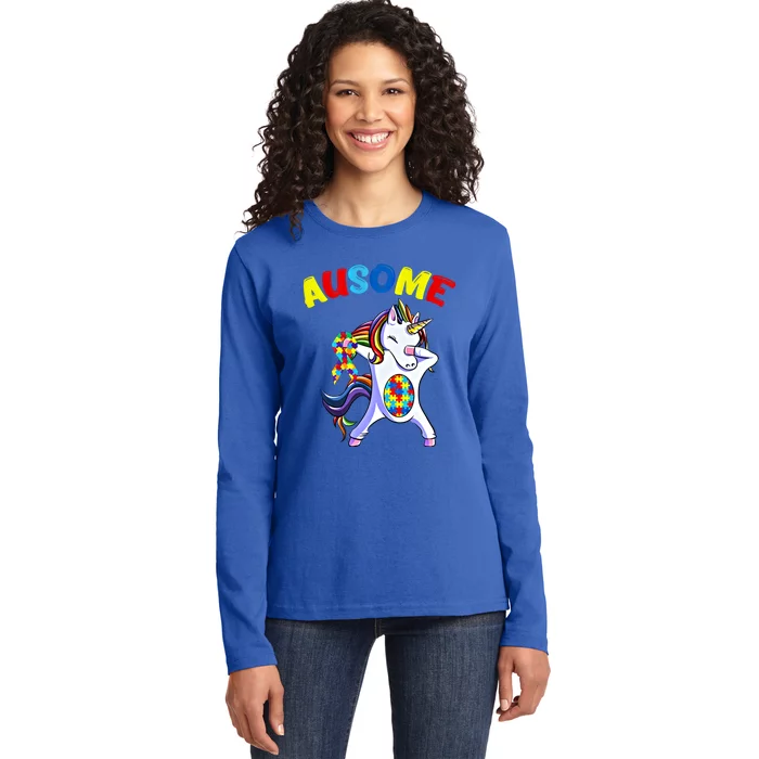 Autism Dabbing Unicorn Ausome Autism Puzzle Awesome Unicorn Great Gift Ladies Long Sleeve Shirt