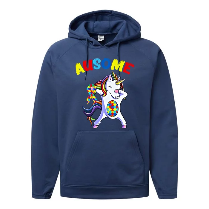 Autism Dabbing Unicorn Ausome Autism Puzzle Awesome Unicorn Great Gift Performance Fleece Hoodie