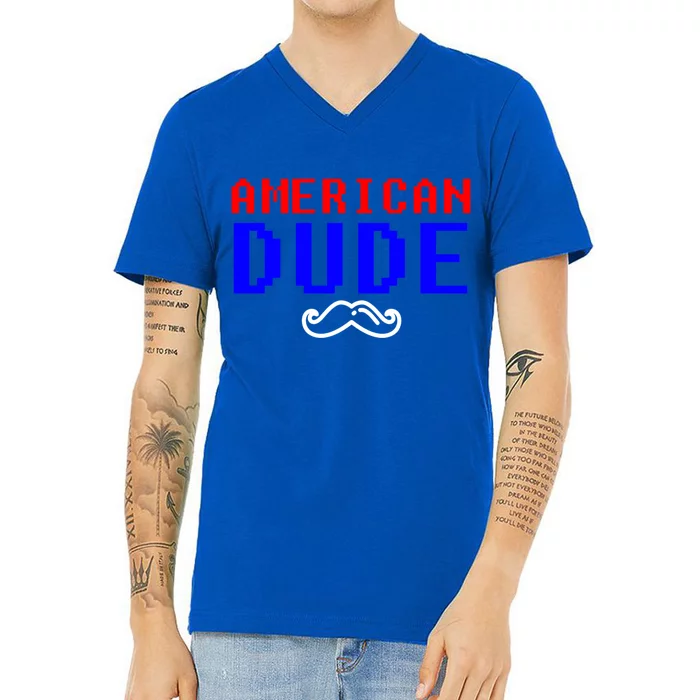 American Dude With Mustache Graphic Gift Cute Gift V-Neck T-Shirt