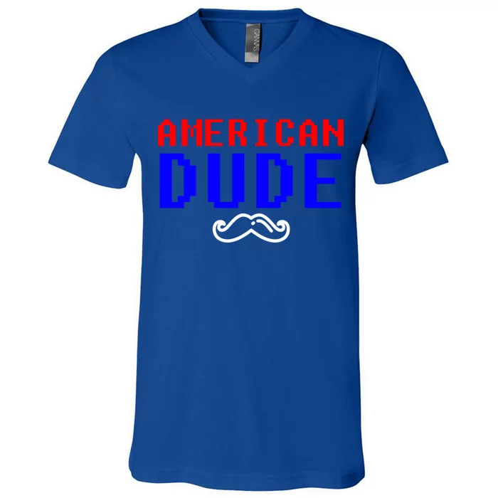 American Dude With Mustache Graphic Gift Cute Gift V-Neck T-Shirt