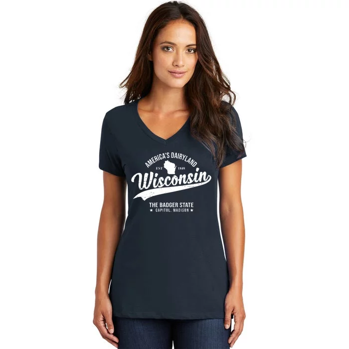 Americas Dairyland Wisconsin Est 1848 Vintage Women's V-Neck T-Shirt