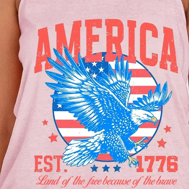 America Est 1776 Land Of The Free Because Of The Brave Women's Knotted Racerback Tank