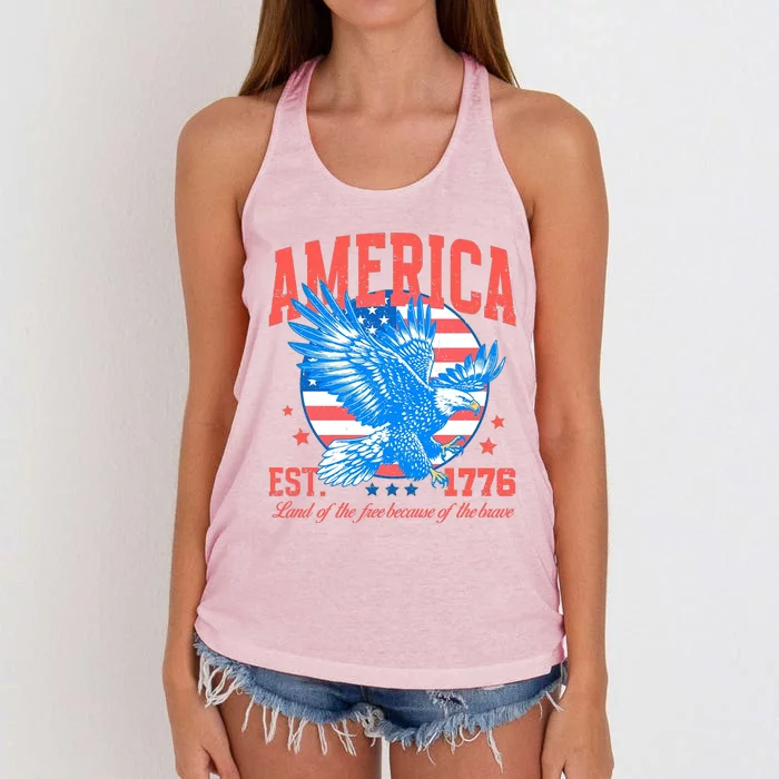 America Est 1776 Land Of The Free Because Of The Brave Women's Knotted Racerback Tank