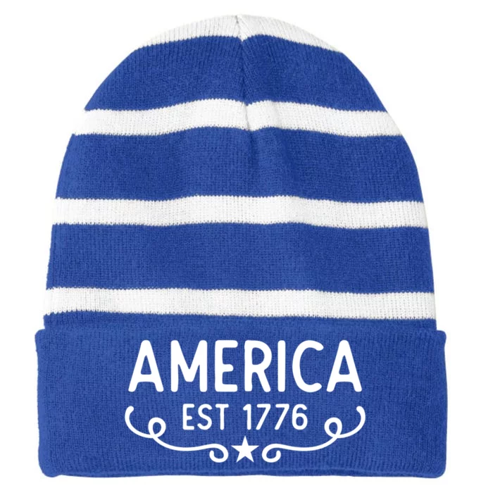 America Est 1776 Patriotic 4th Of July Veteran Gift Striped Beanie with Solid Band