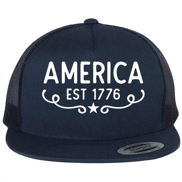 America Est 1776 Patriotic 4th Of July Veteran Gift Flat Bill Trucker Hat