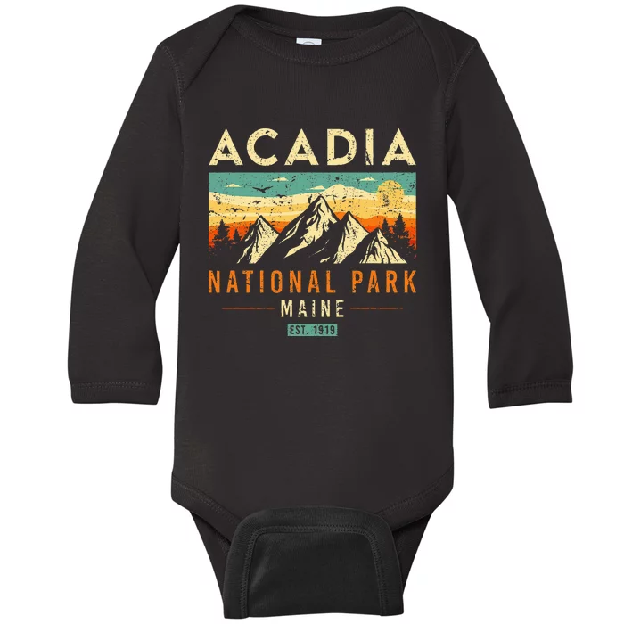 Acadia Est. 1919 Vintage Retro Maine National Park Baby Long Sleeve Bodysuit